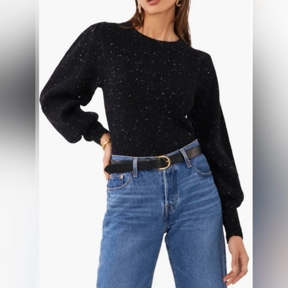 1 STATE Balloon Sleeve Speckled Black Sweater - Picture 2 of 6